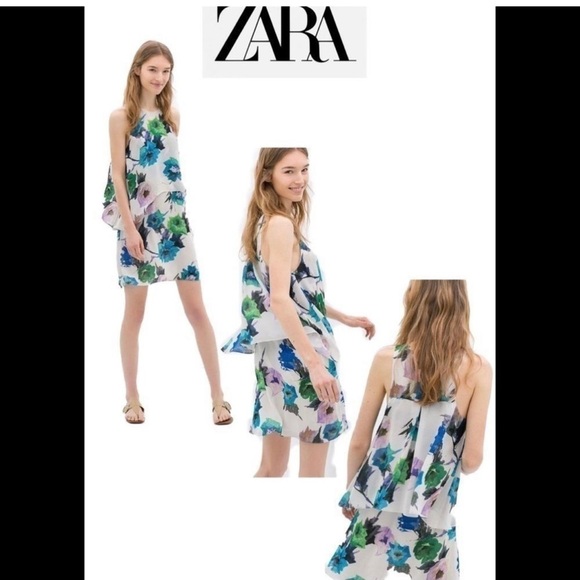 Zara White Double Layered tiered ruffle frill Floral flower Print dress Sz M - Picture 10 of 10